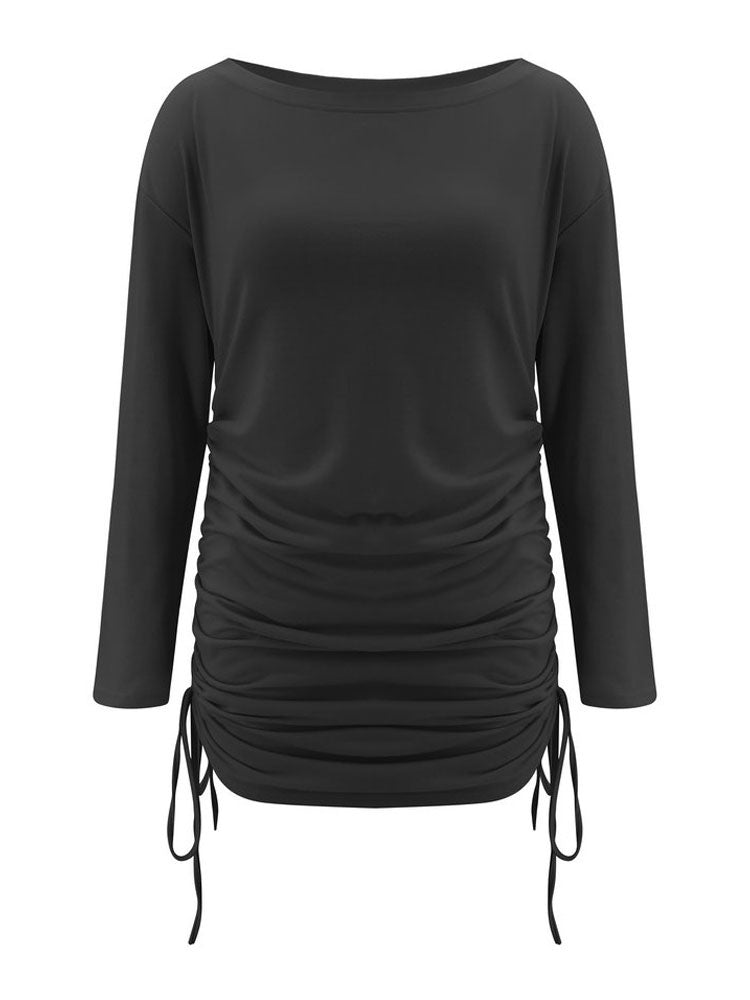 Long Sleeves Lace Up Scoop Neck Drawstring Slim Fit Sheath Bodycon Dresses