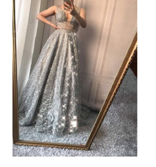 Luxury Bling Deep-V Tulle Backless Evening Dresses
