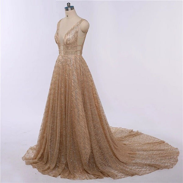 Luxury Bling Deep-V Tulle Backless Evening Dresses