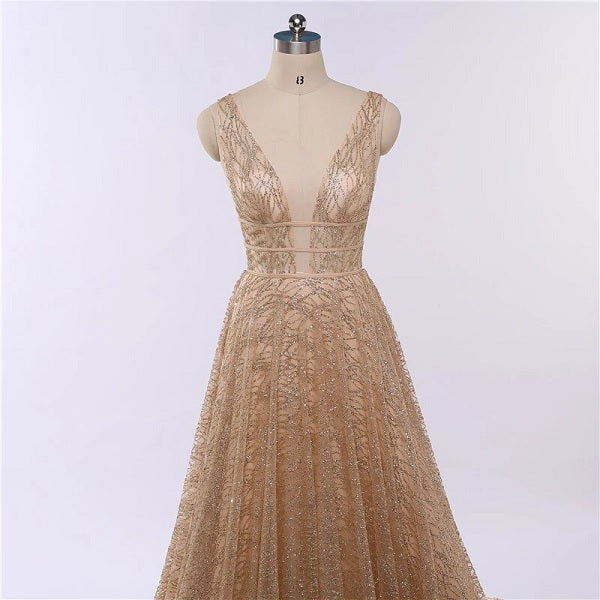 Luxury Bling Deep-V Tulle Backless Evening Dresses