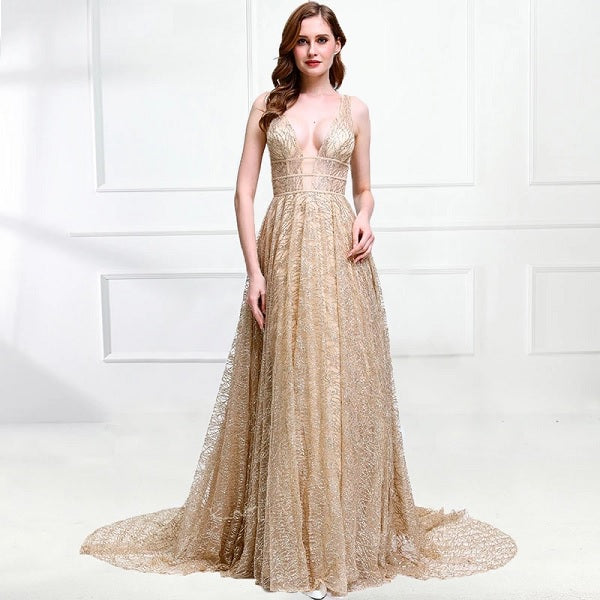 Luxury Bling Deep-V Tulle Backless Evening Dresses