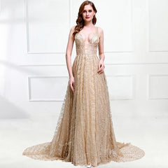 Luxury Bling Deep-V Tulle Backless Evening Dresses
