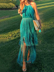 Maxi Dress Halter Strappy Fringe Blue Backless Party Dress