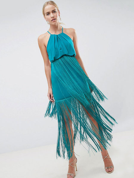 Maxi Dress Halter Strappy Fringe Blue Backless Party Dress