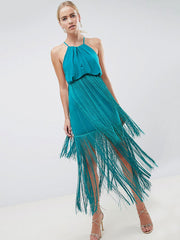 Maxi Dress Halter Strappy Fringe Blue Backless Party Dress