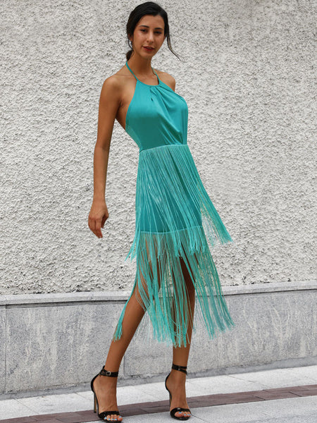 Maxi Dress Halter Strappy Fringe Blue Backless Party Dress