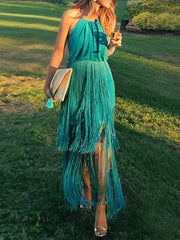 Maxi Dress Halter Strappy Fringe Blue Backless Party Dress