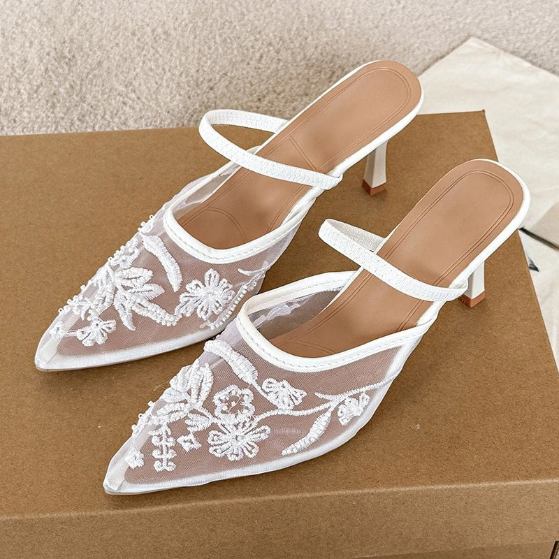 Mesh Embroidered Thin High Heel