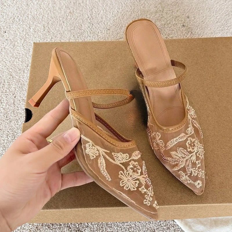 Mesh Embroidered Thin High Heel