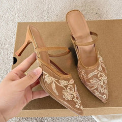 Mesh Embroidered Thin High Heel