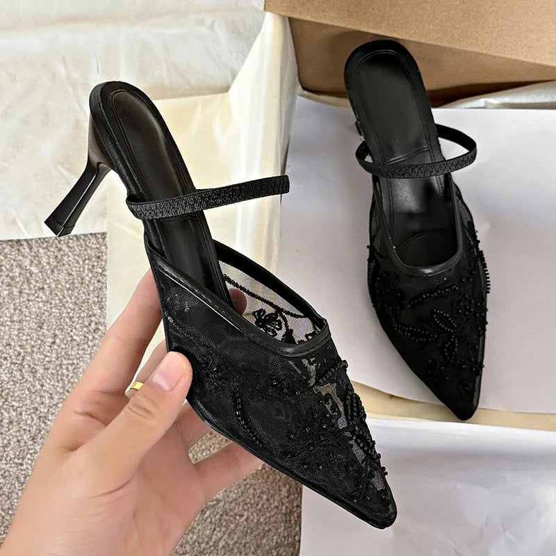 Mesh Embroidered Thin High Heel