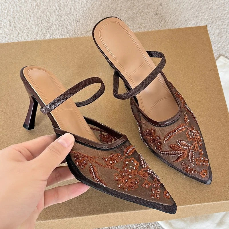 Mesh Embroidered Thin High Heel