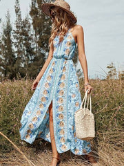 O-neck High-waist Casual Long Print Dress