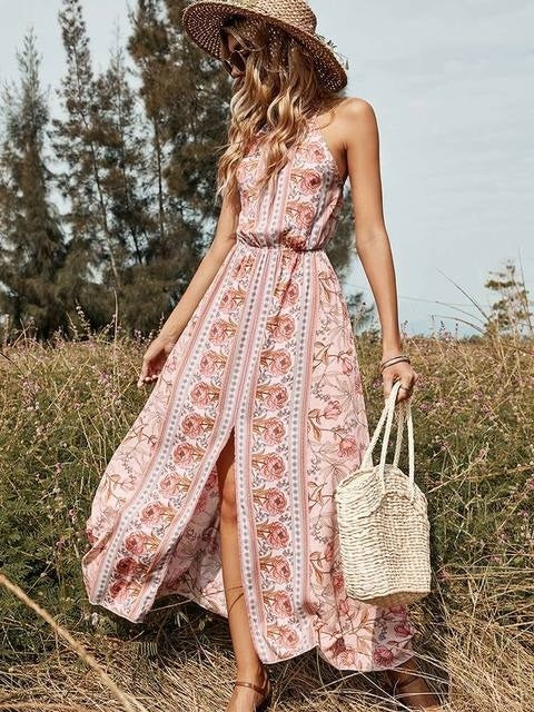 O-neck High-waist Casual Long Print Dress