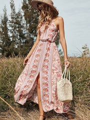 O-neck High-waist Casual Long Print Dress