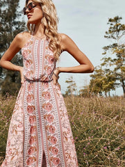 O-neck High-waist Casual Long Print Dress