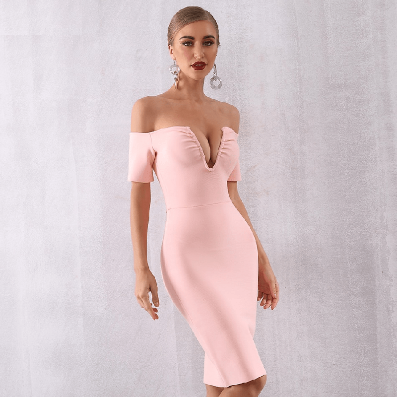 Off Shoulder Celebrity Short Sleeve V Neck Bodycon Club Dress