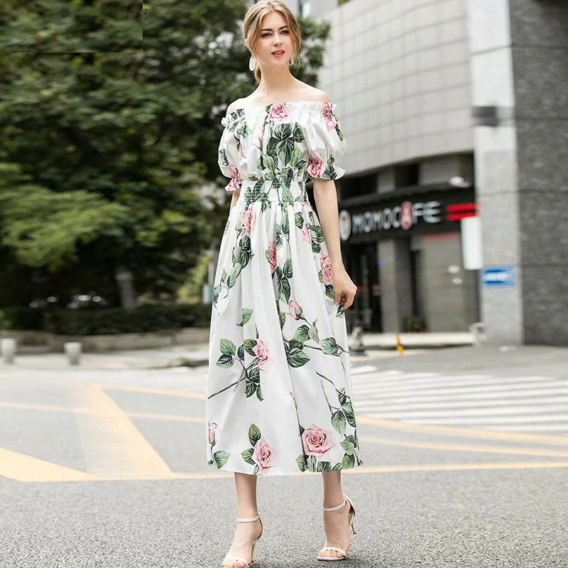 Off Shoulder Elastic Waist Rose Flower Print Bohemian Dress