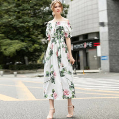 Off Shoulder Elastic Waist Rose Flower Print Bohemian Dress