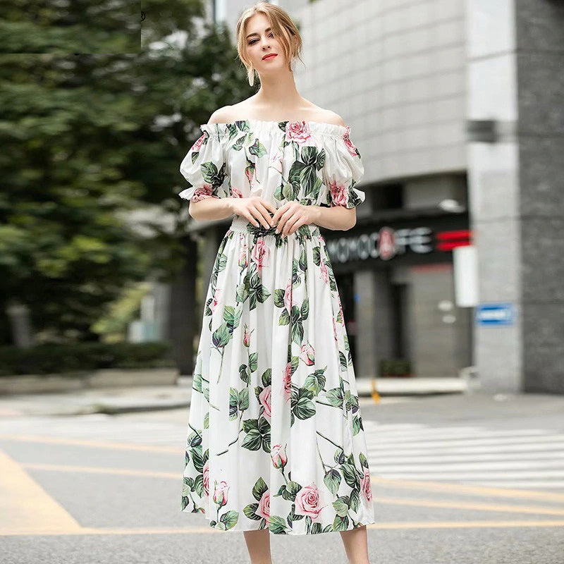 Off Shoulder Elastic Waist Rose Flower Print Bohemian Dress