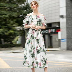 Off Shoulder Elastic Waist Rose Flower Print Bohemian Dress