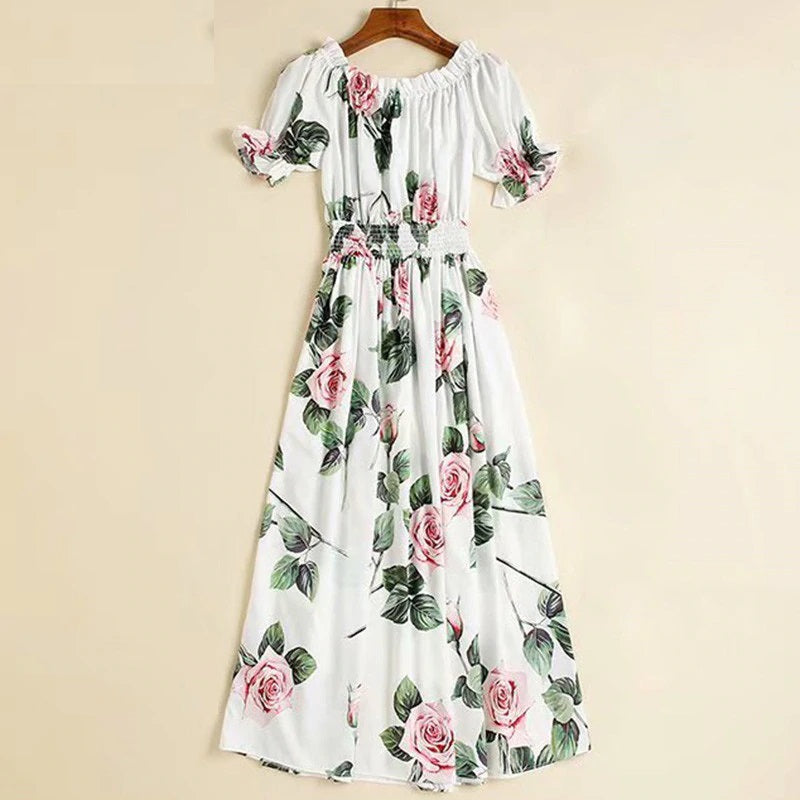 Off Shoulder Elastic Waist Rose Flower Print Bohemian Dress