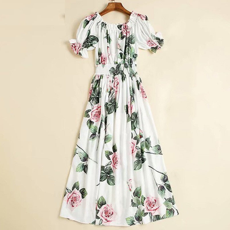 Off Shoulder Elastic Waist Rose Flower Print Bohemian Dress