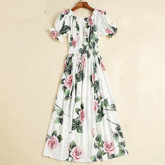 Off Shoulder Elastic Waist Rose Flower Print Bohemian Dress