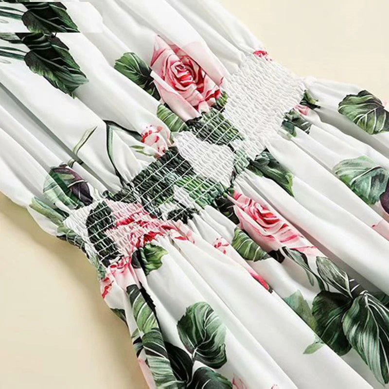 Off Shoulder Elastic Waist Rose Flower Print Bohemian Dress