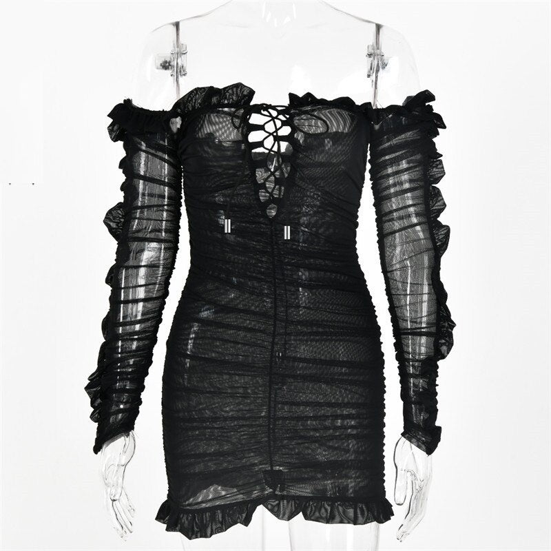Off-Shoulder Ruffle See Through Skinny Party Bodycon Dresses