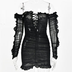 Off-Shoulder Ruffle See Through Skinny Party Bodycon Dresses