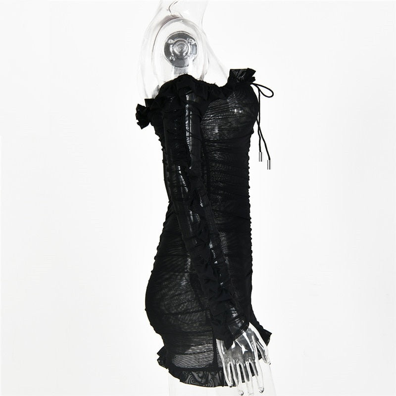 Off-Shoulder Ruffle See Through Skinny Party Bodycon Dresses
