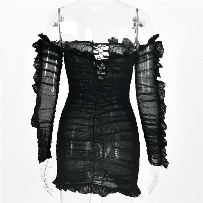Off-Shoulder Ruffle See Through Skinny Party Bodycon Dresses