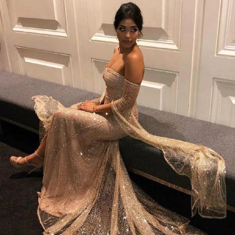 Off Shoulder Sequined Elegant Long Sleeve Maxi Club Dress