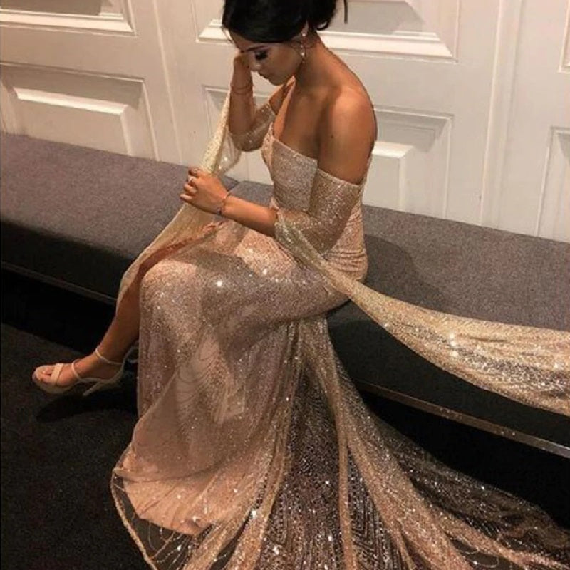 Off Shoulder Sequined Elegant Long Sleeve Maxi Club Dress