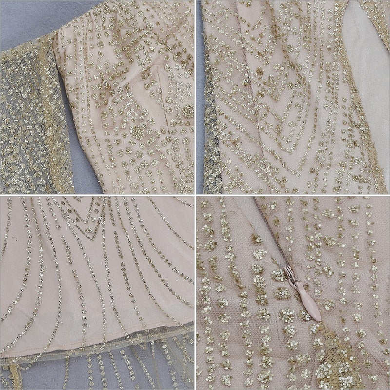Off Shoulder Sequined Elegant Long Sleeve Maxi Club Dress