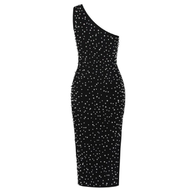 One-Shoulder Elegant Pearl Bodycon Evening Party Dress