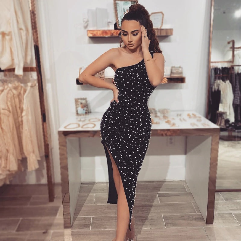 One-Shoulder Elegant Pearl Bodycon Evening Party Dress