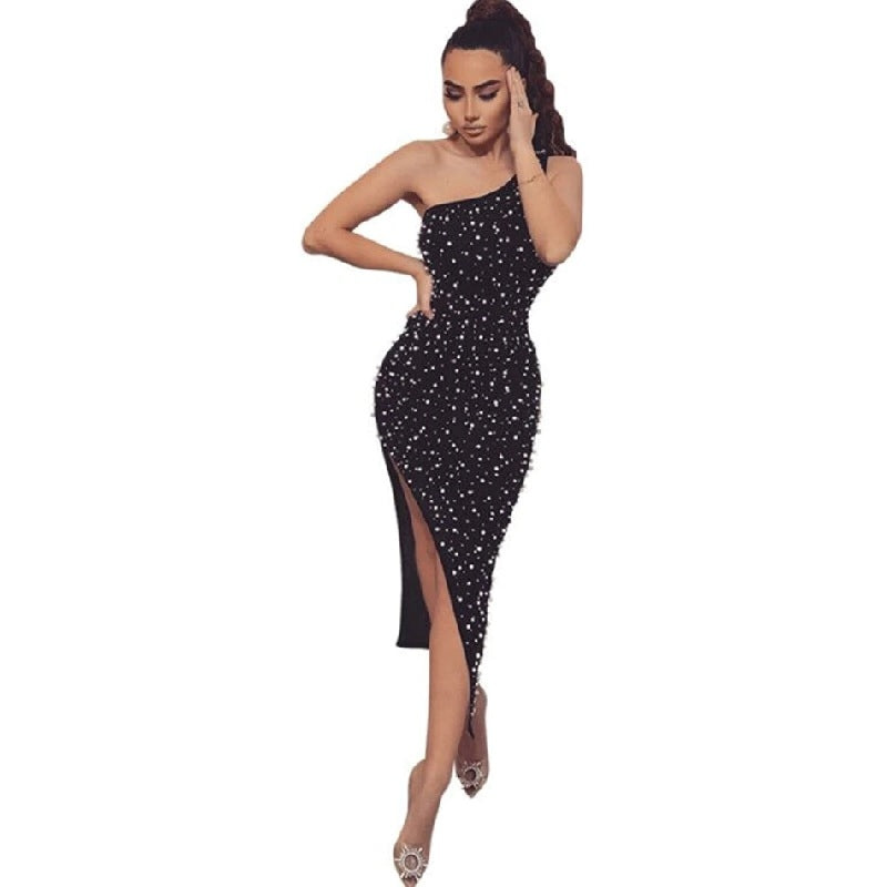 One-Shoulder Elegant Pearl Bodycon Evening Party Dress