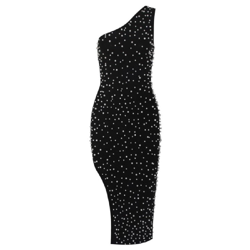 One-Shoulder Elegant Pearl Bodycon Evening Party Dress