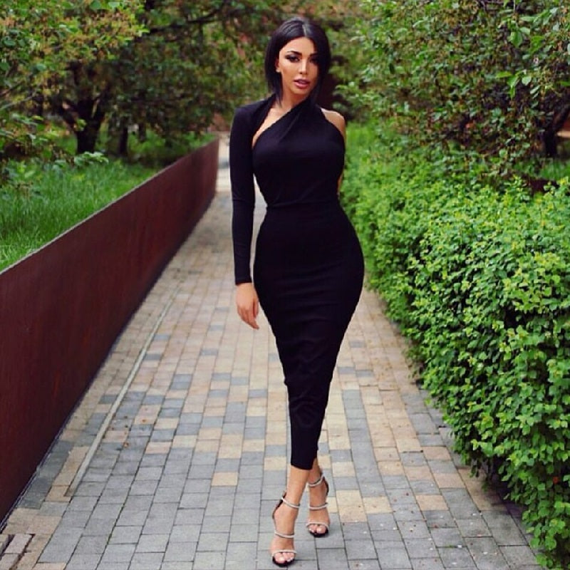 One Shoulder Long Sleeve Hollow Out Bodycon Dress