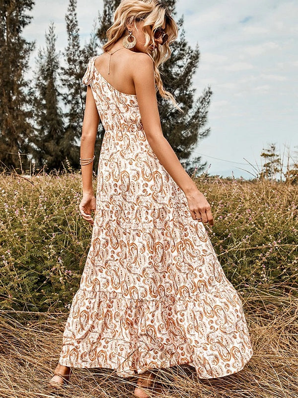 One Shoulder Print High Waist Maxi Party Dress