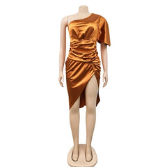 One Shoulder Short Sleeve Split Club Party Dress