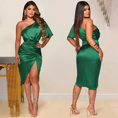 One Shoulder Short Sleeve Split Club Party Dress