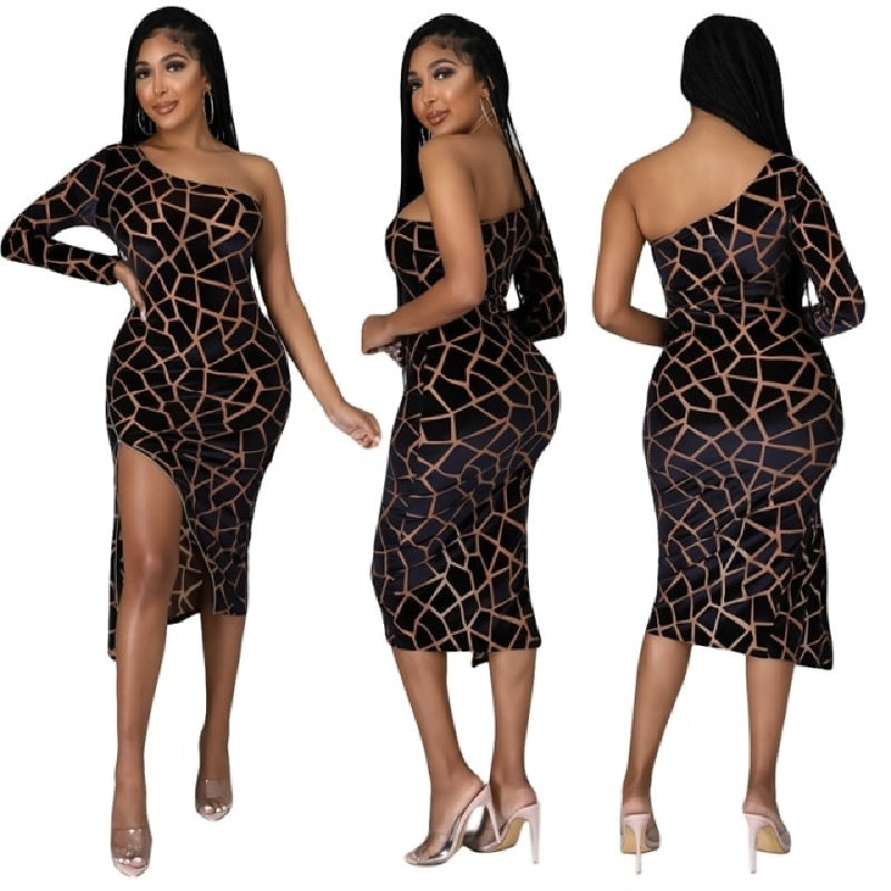 One Shoulder long Sleeve Split Club Party Dress