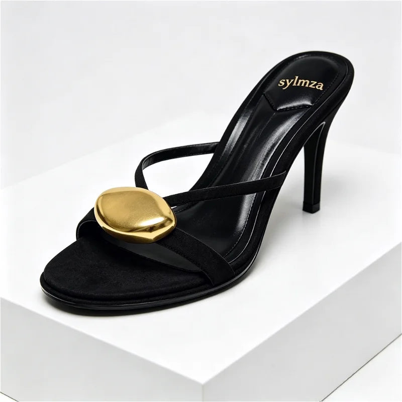 Open Toe Metal Decoration Designer Brand Sandals Black Round Toe Narrow Band Slide Sandals Comfort 42 Plus Size Shoes