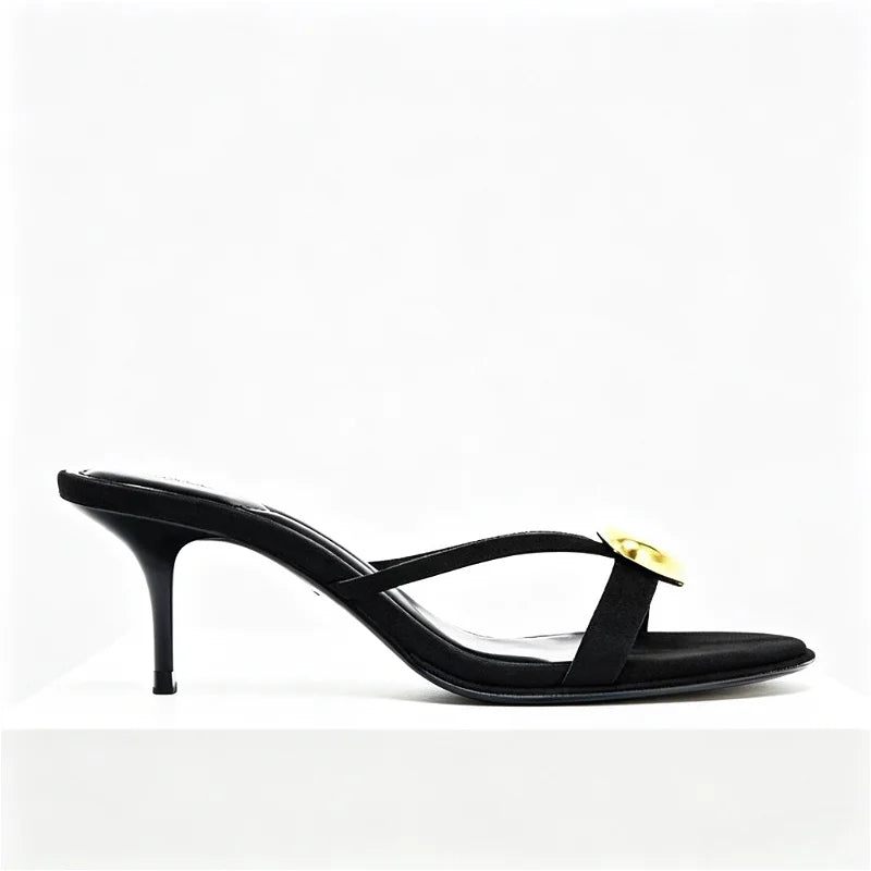 Open Toe Metal Decoration Designer Brand Sandals Black Round Toe Narrow Band Slide Sandals Comfort 42 Plus Size Shoes