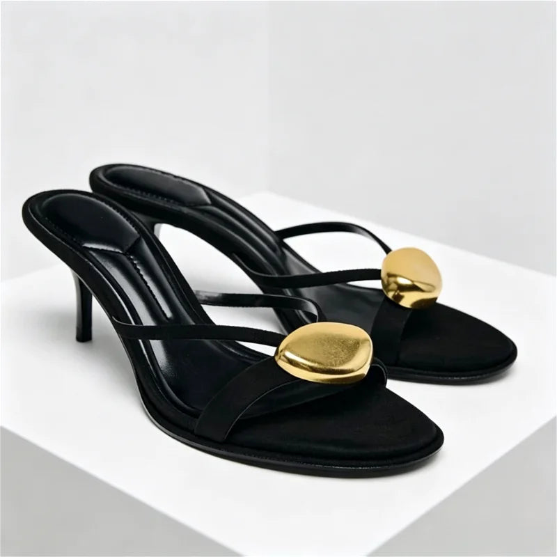 Open Toe Metal Decoration Designer Brand Sandals Black Round Toe Narrow Band Slide Sandals Comfort 42 Plus Size Shoes