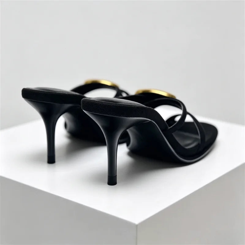 Open Toe Metal Decoration Designer Brand Sandals Black Round Toe Narrow Band Slide Sandals Comfort 42 Plus Size Shoes