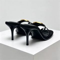 Open Toe Metal Decoration Designer Brand Sandals Black Round Toe Narrow Band Slide Sandals Comfort 42 Plus Size Shoes